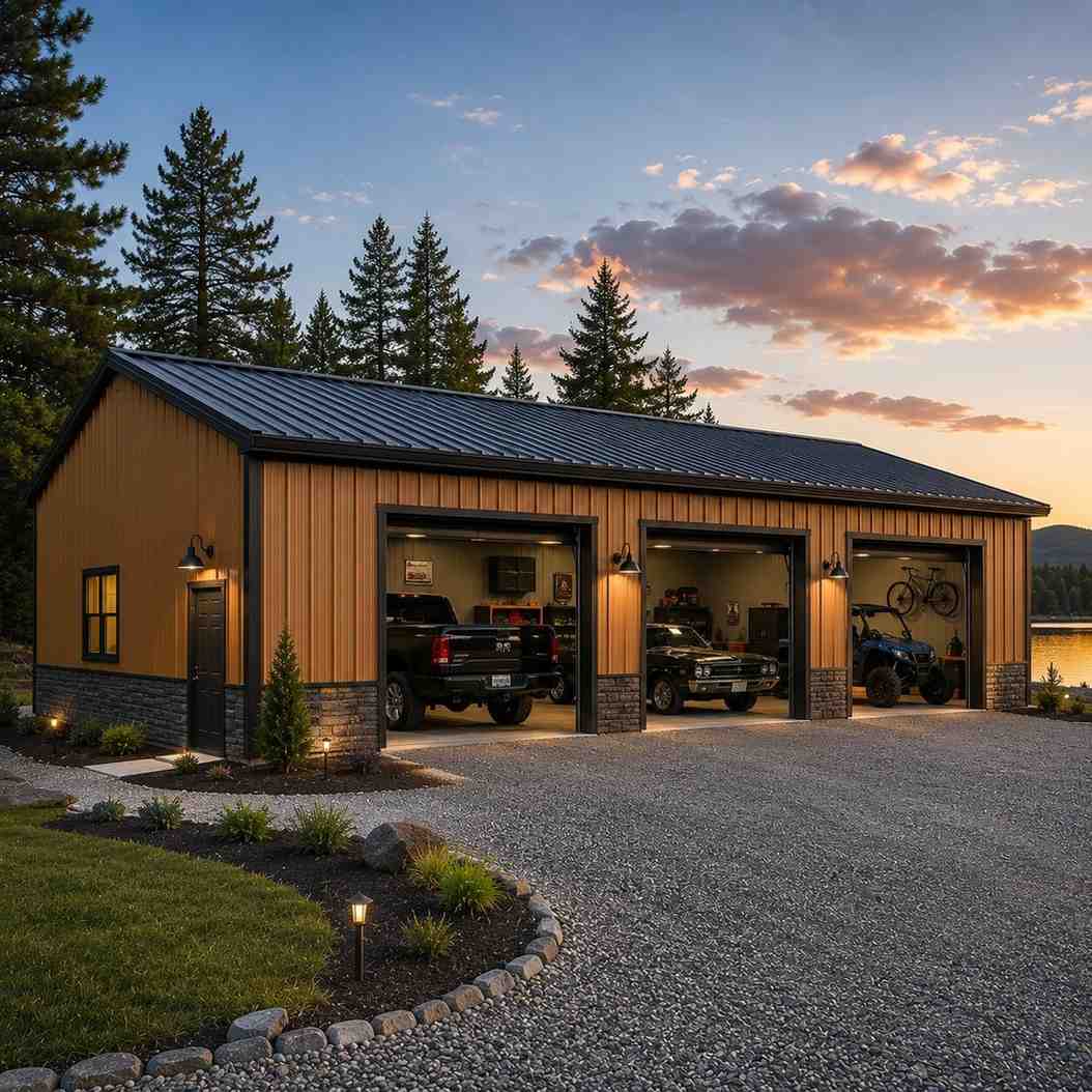 Golden steel garage with three open bays, stone wainscot and vehicles inside at lakeside dusk
