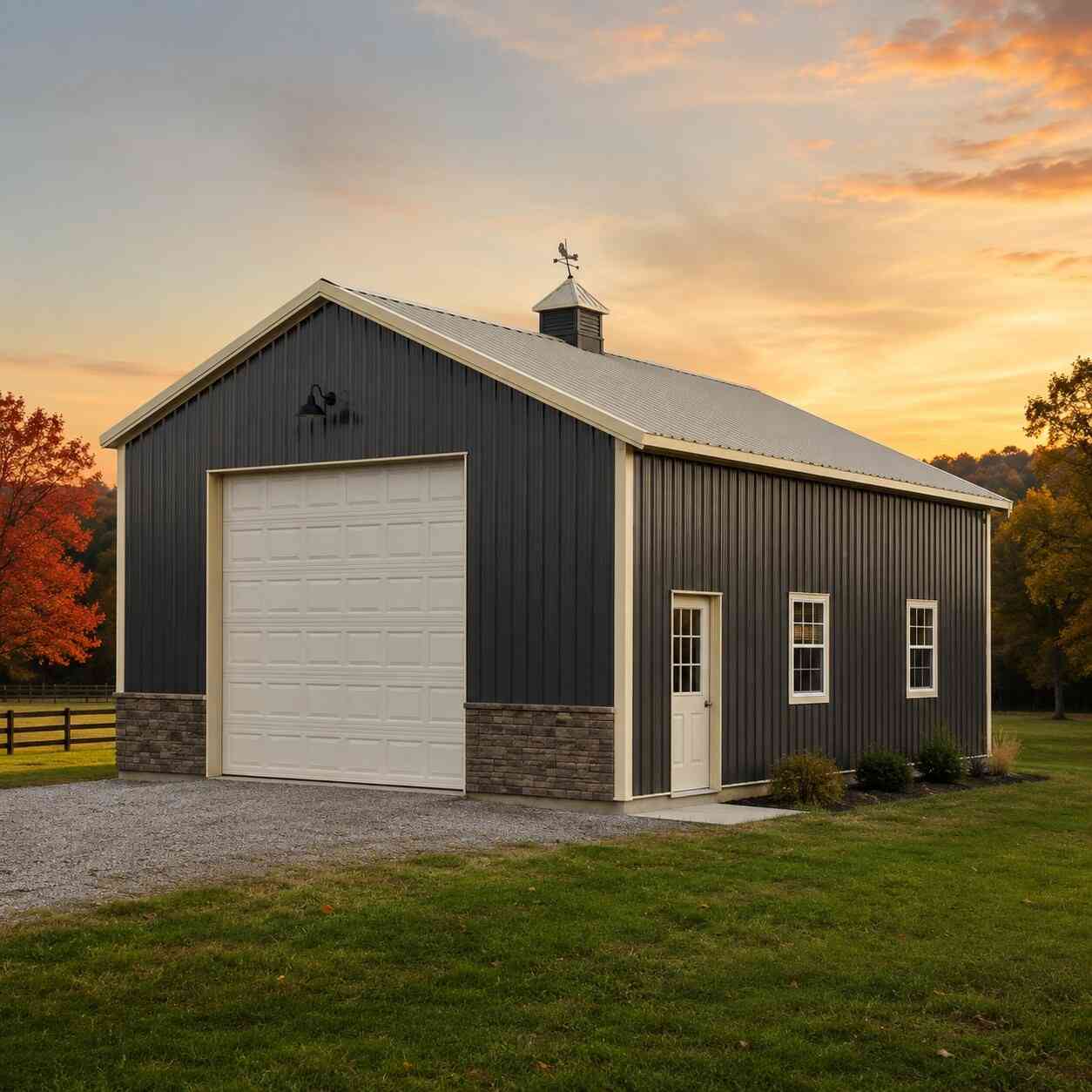 Copper toned steel barn with sliding X-brace door under a sunset sky, prefab metal building style