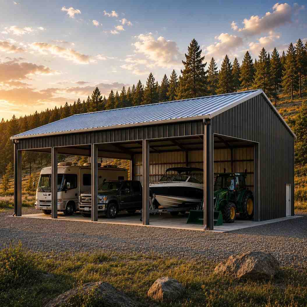 Commercial metal building interior with two-post lifts raising vehicles in a bright steel service bay