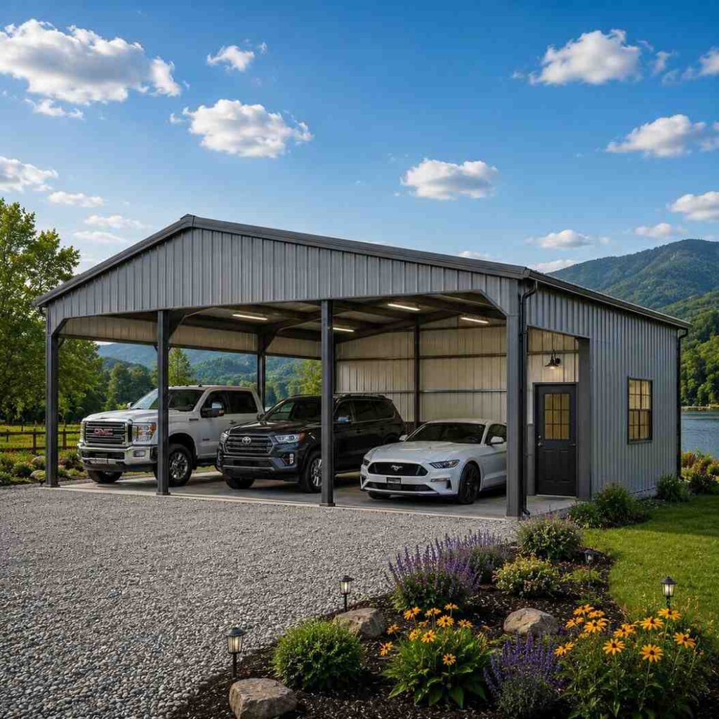 Gray metal carport with three open vehicle bays sheltering trucks and a sports car lakeside
