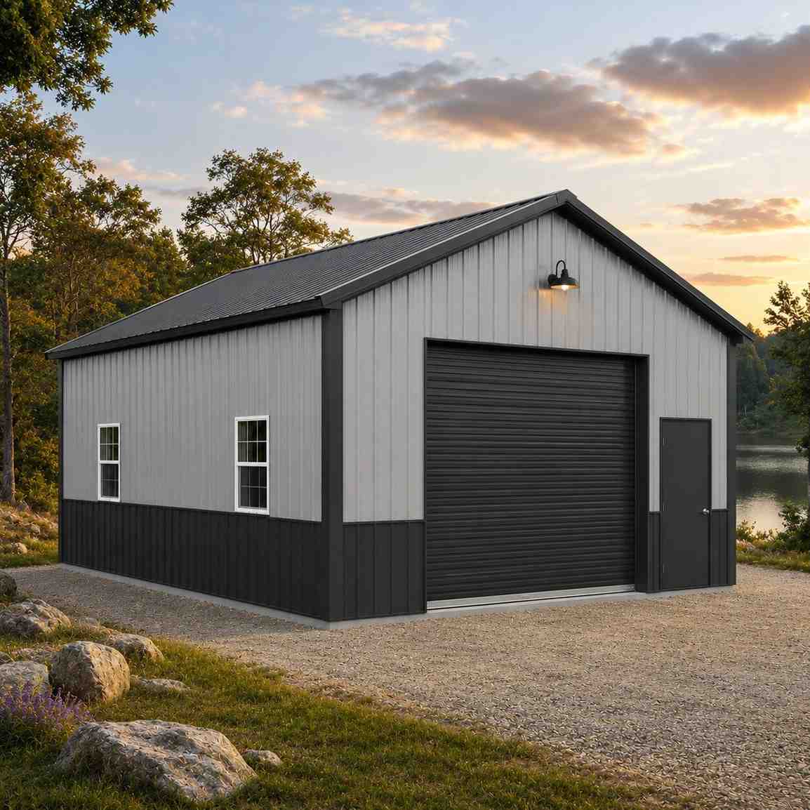 Gray metal workshop with black roll-up door and wainscot near a lake at sunset