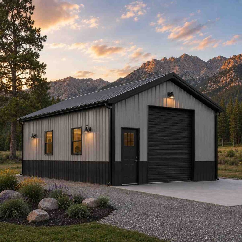 Gray metal workshop with black wainscot and roll-up door under rocky peaks at dusk