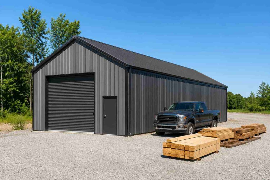 Gray metal workshop with roll-up door, contractor pickup truck, and lumber stacks in the gravel yard