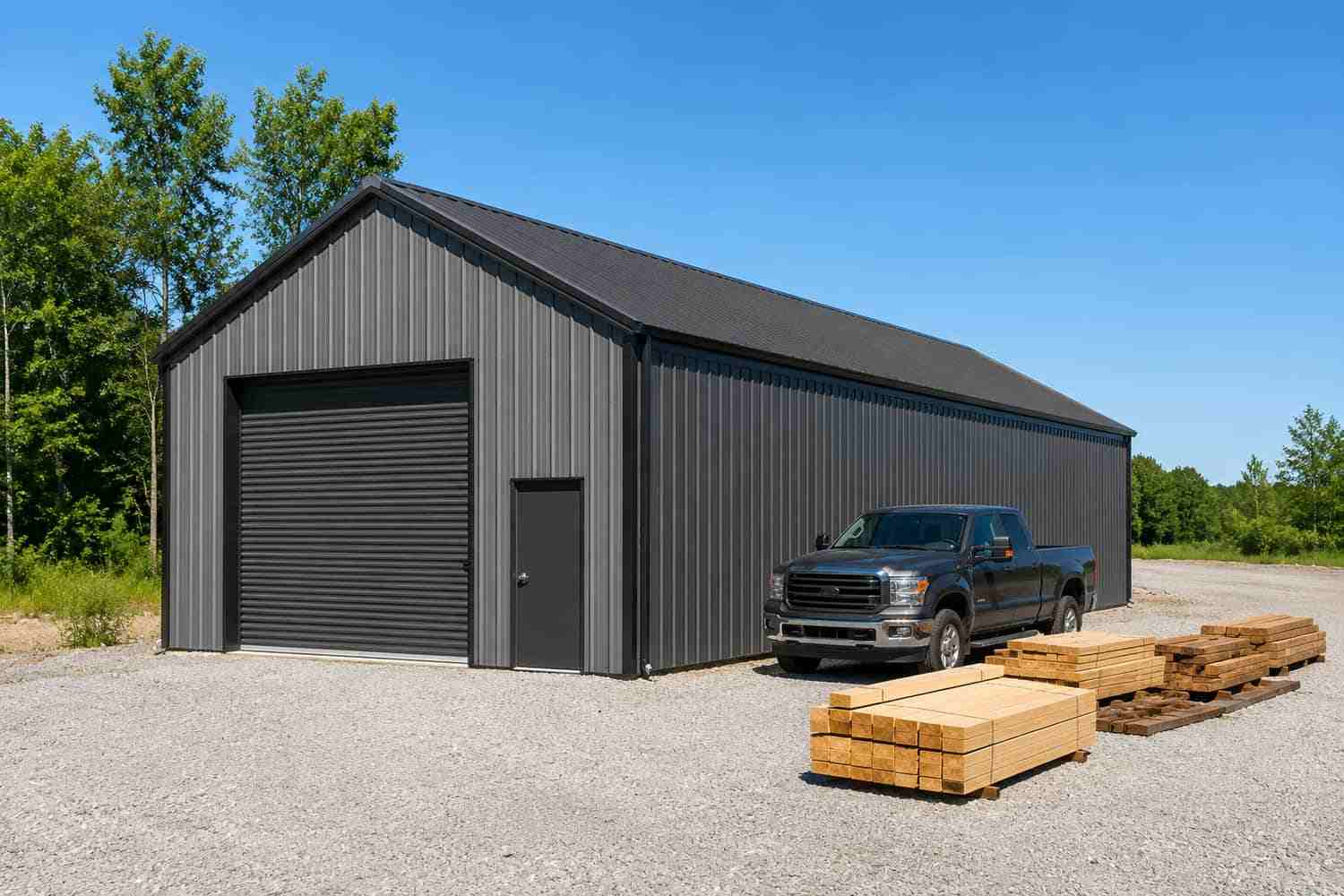 Gray metal workshop with roll-up door, contractor pickup truck, and lumber stacks in the gravel yard