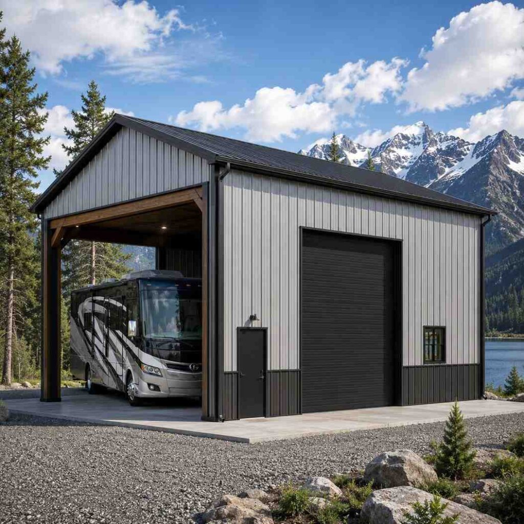 Gray rv metal cover and enclosed steel garage sheltering a motorhome near a snowy mountain lake