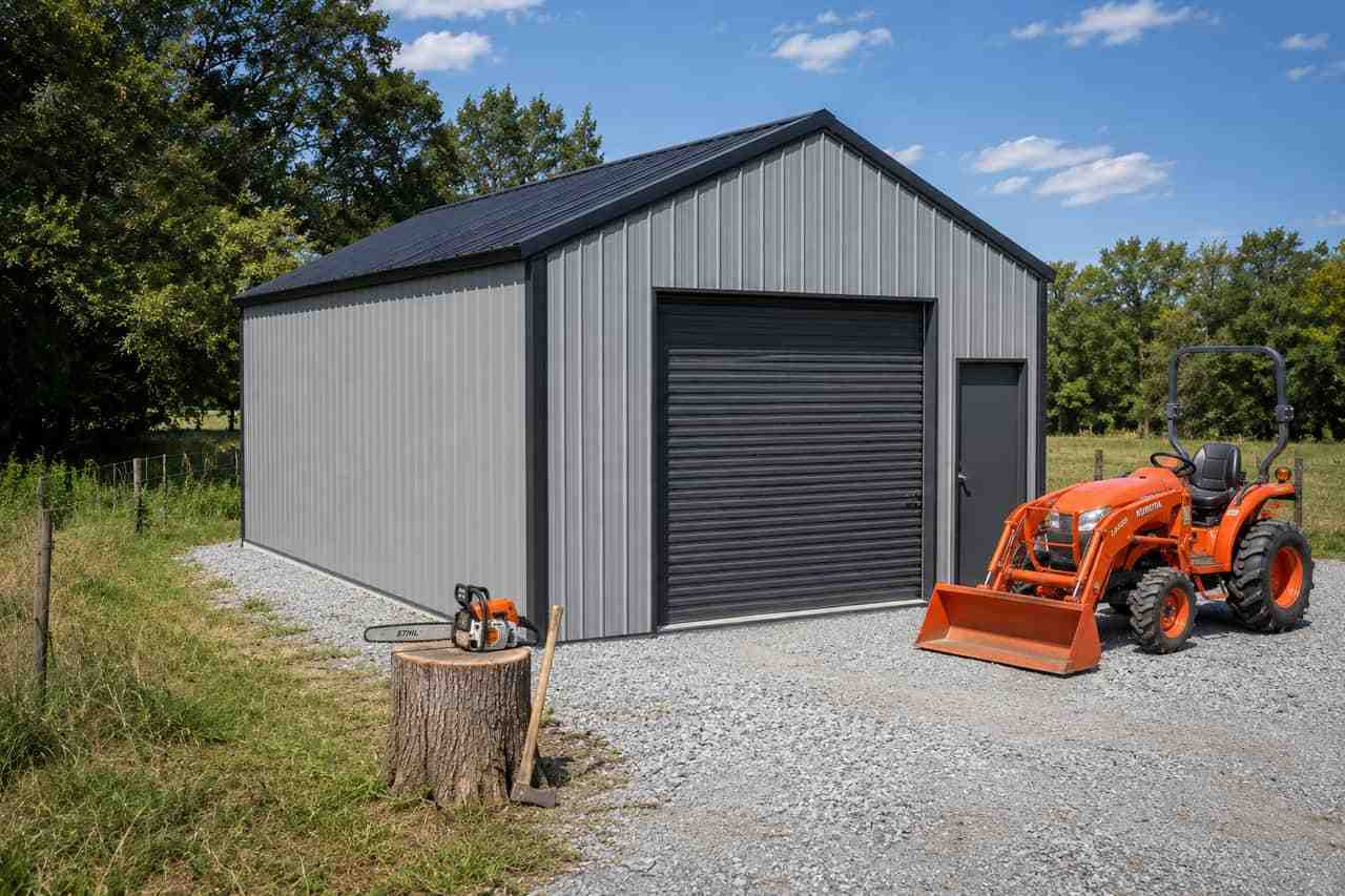 Steel structure interior fitted as a contractor shop with lumber racks, workbench, and power tools