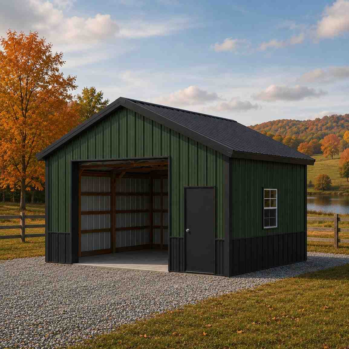 Green metal barn with open equipment bay and black wainscot in fall countryside