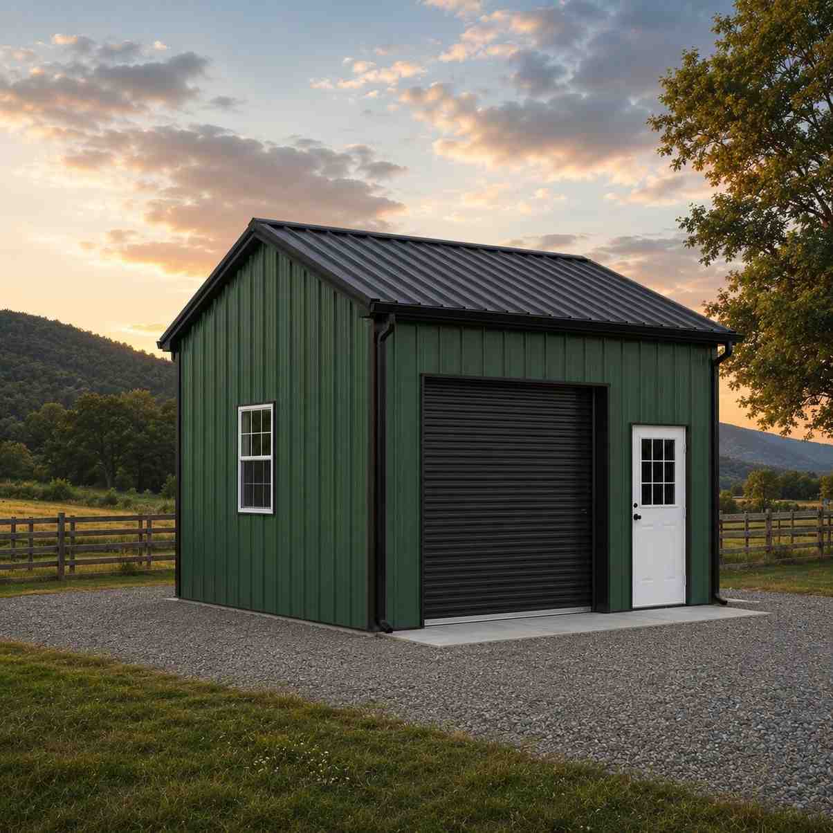 Green metal building with black roof and black roll-up door beside fenced pasture