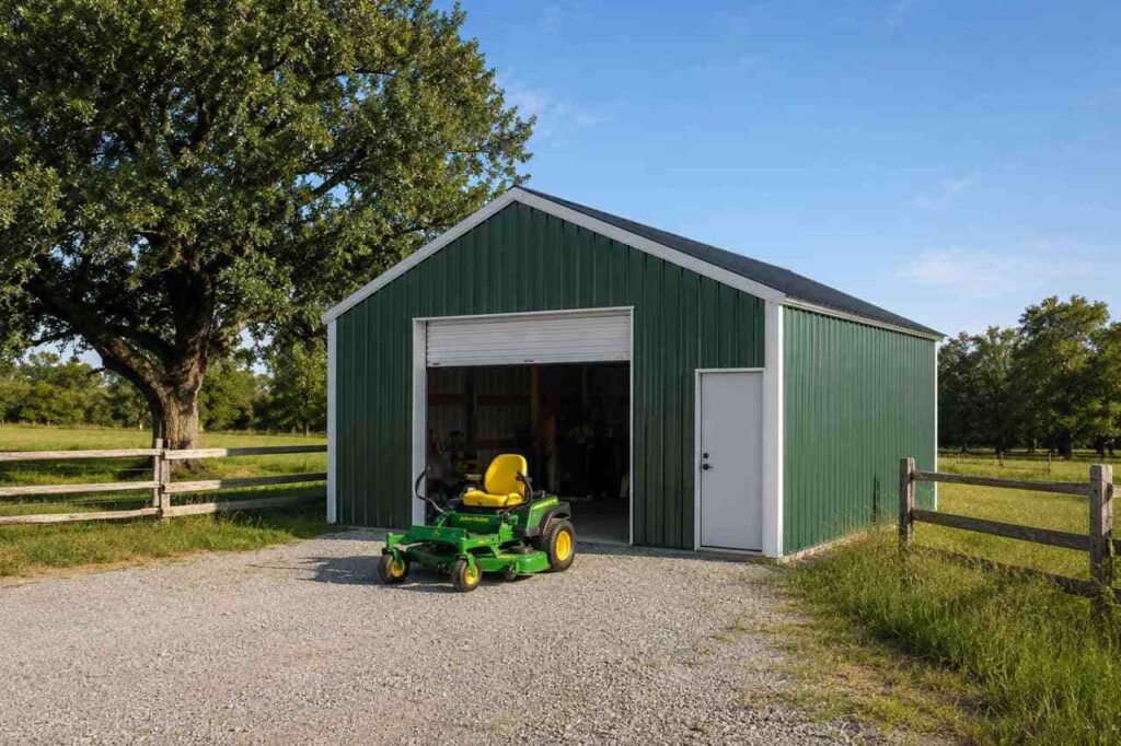 Green metal building equipment shed with open white roll-up door and John Deere zero turn mower