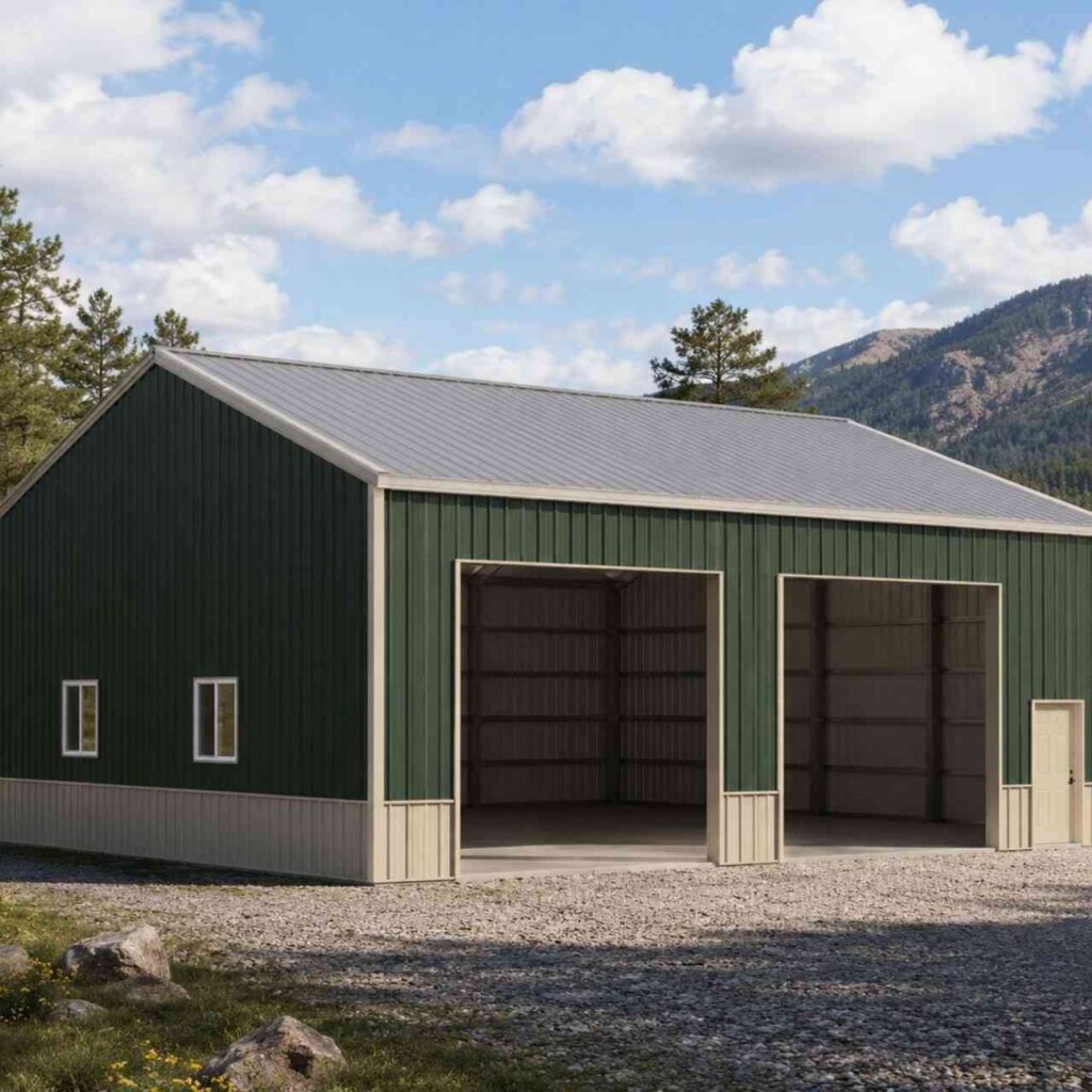 Green metal building kit with two tall open bays, cream trim, and silver gable roof