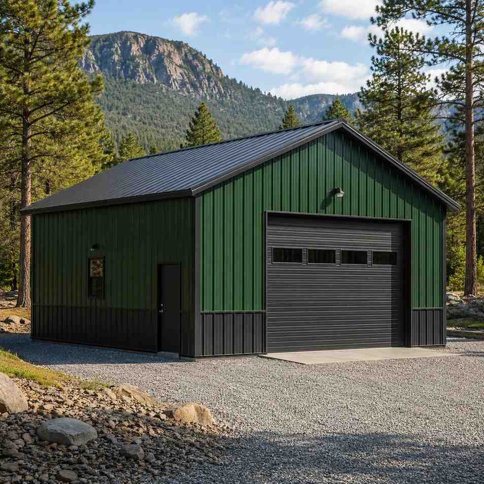 Navy commercial metal building office with glass storefront entry, stone wainscot, and parking lot