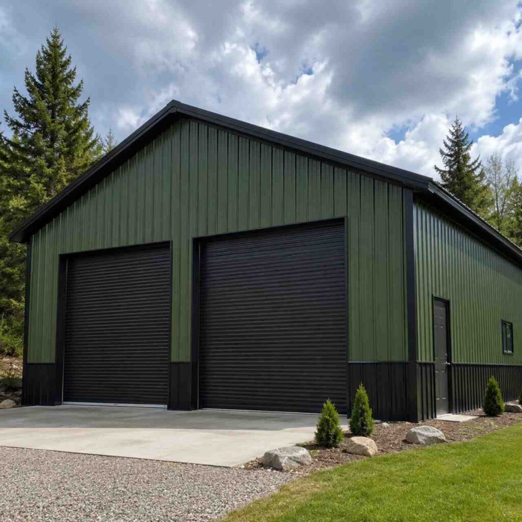 Green metal garage with double black roll-up doors and black trim among tall pines