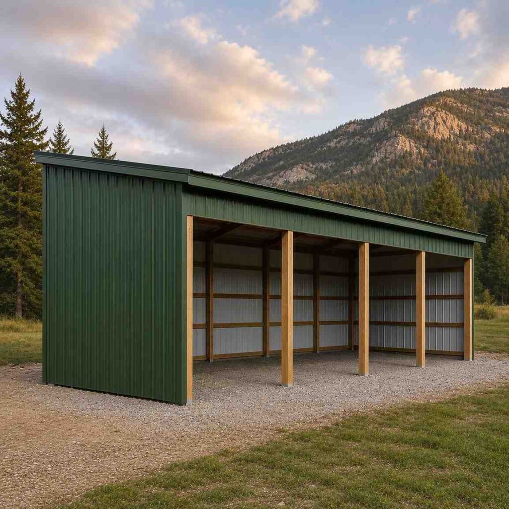 Green open-front metal shed with single-slope roof and wood posts below mountains