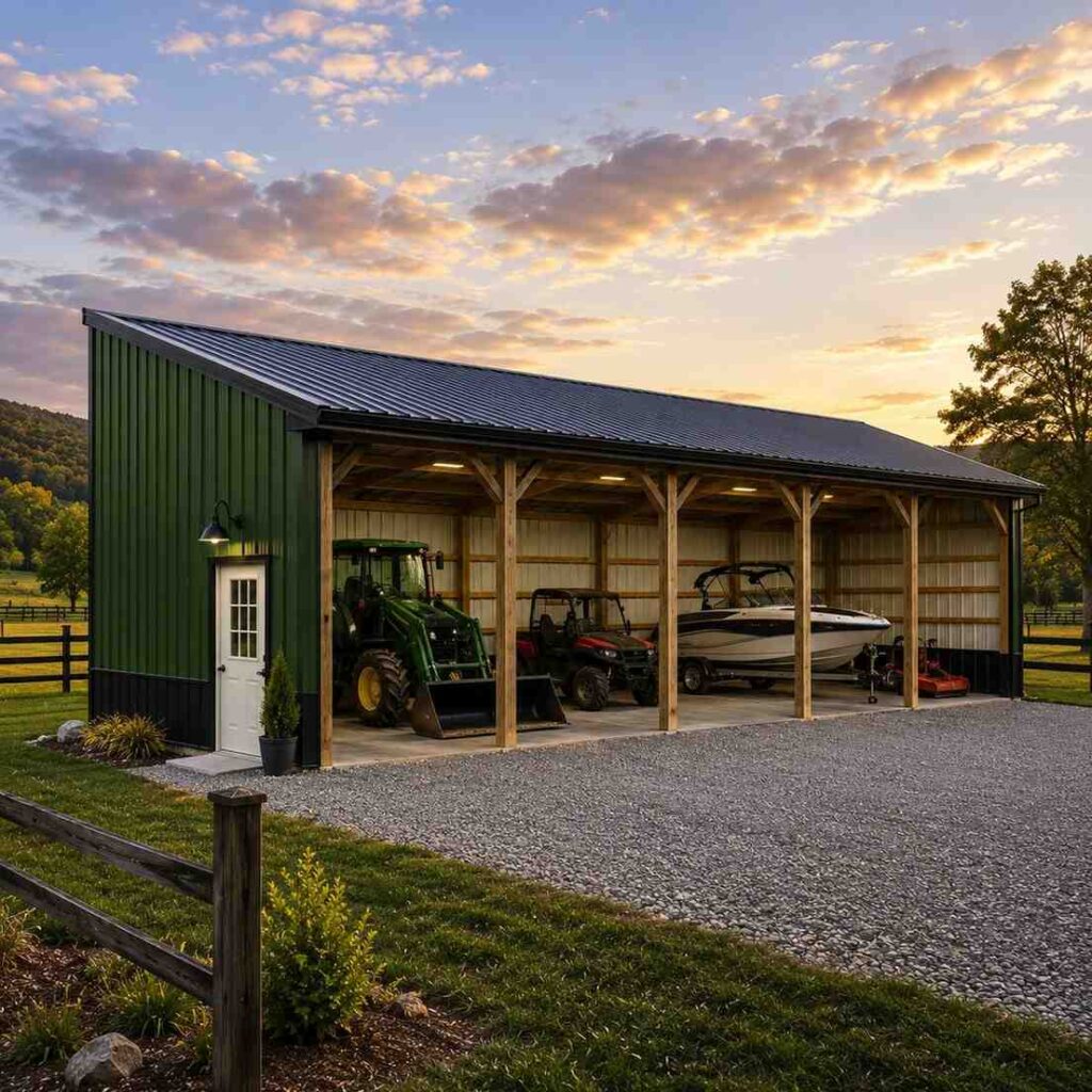 Green metal shed with single slope roof and open bays holding a tractor, UTV and boat
