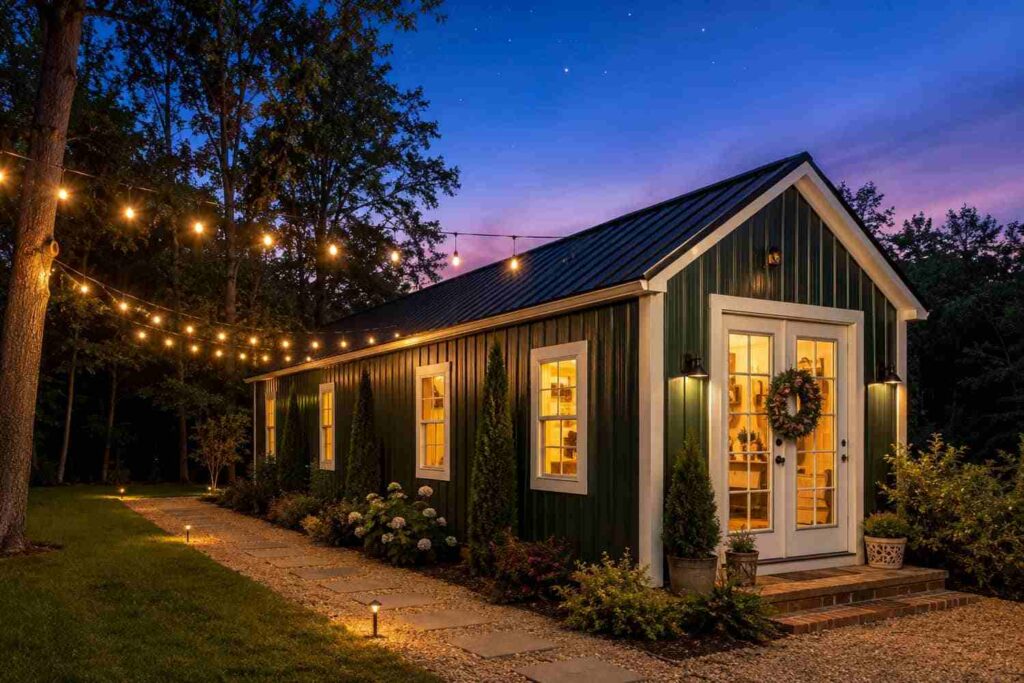 Dark green metal shed studio at evening with string lights and wreath on french doors