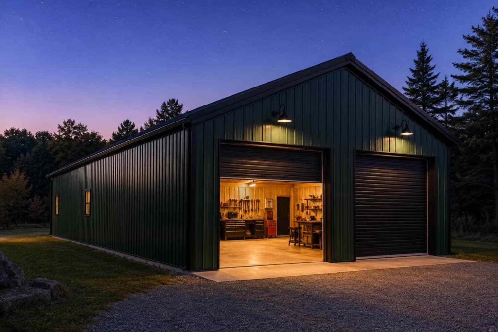 Green metal workshop at twilight with open roll-up door revealing a lit steel garage work area