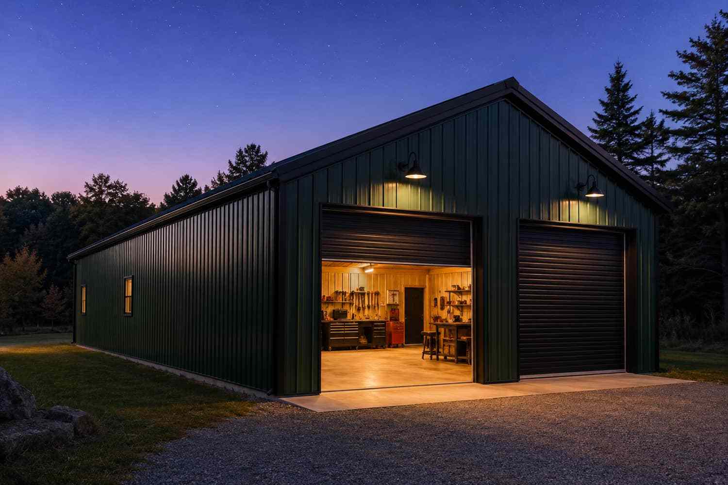 Green metal workshop at twilight with open roll-up door revealing a lit steel garage work area