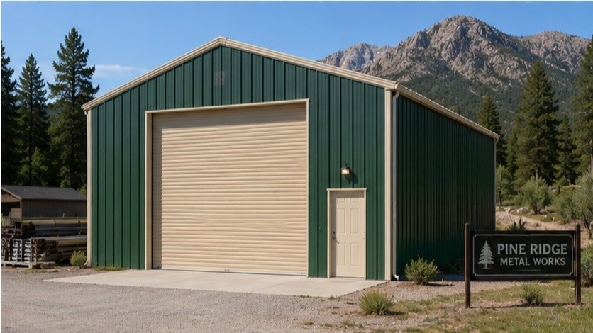 Green prefab metal building with cream roll up door and shop sign below mountain peaks