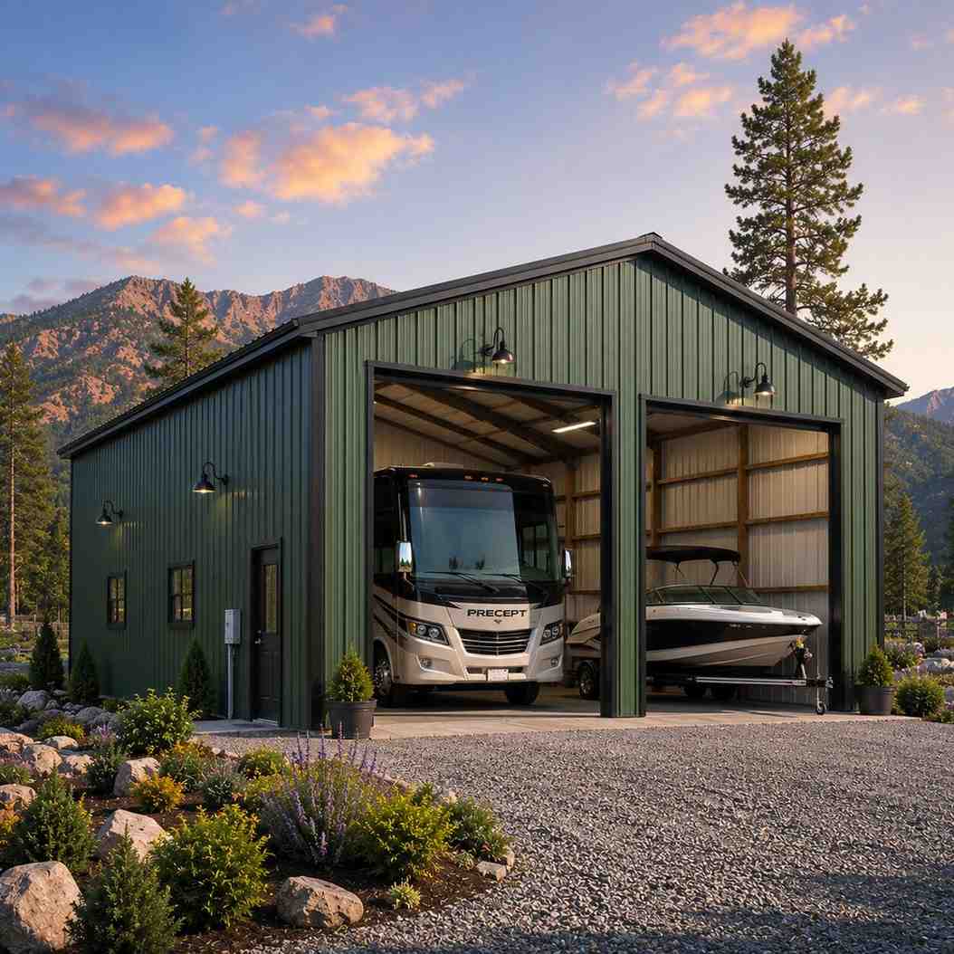 Green prefab metal building with open bays storing a Class A motorhome and bowrider boat