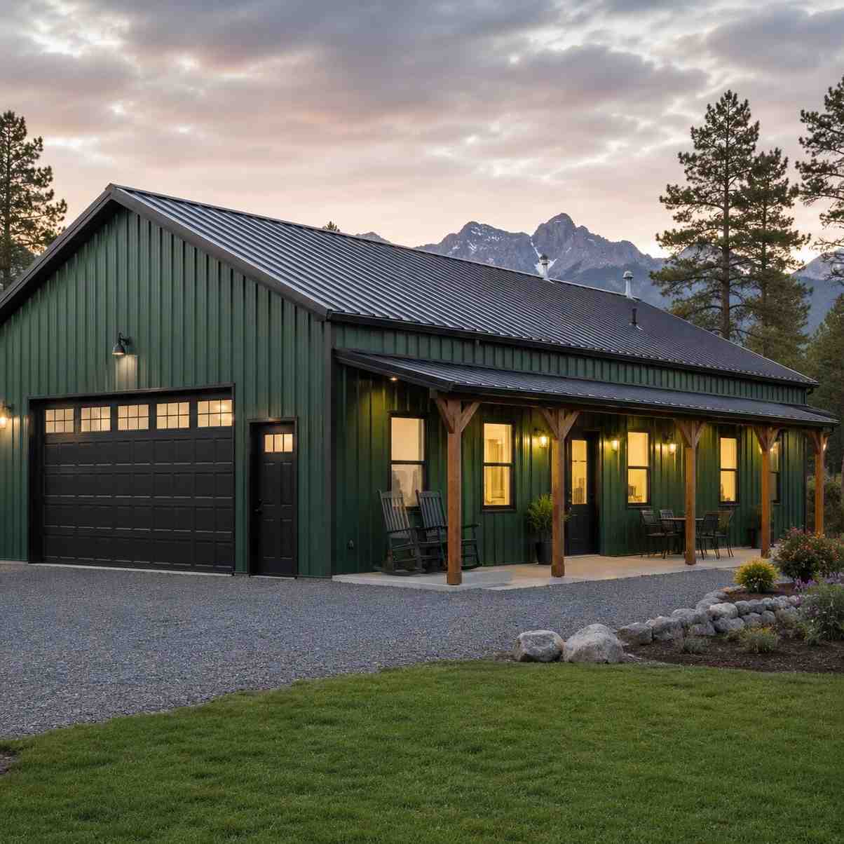 Green steel building home with attached garage and timber porch below mountain pines