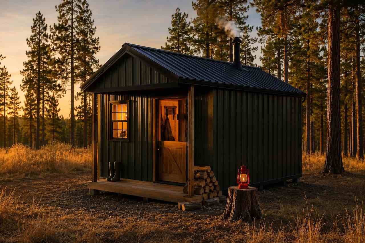 Green steel building cabin with dutch door and porch glowing at golden hour among pines