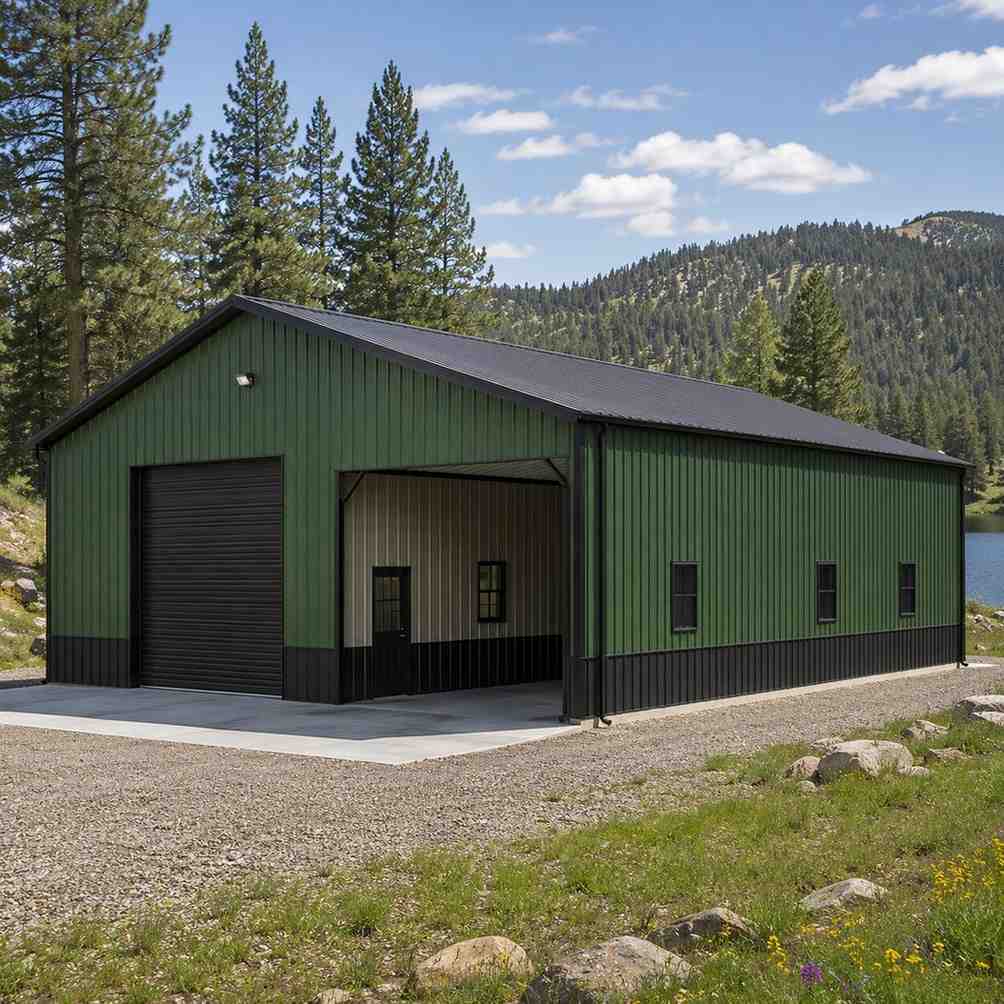 Green steel building with black roll-up door and open drive-through bay among pine forest