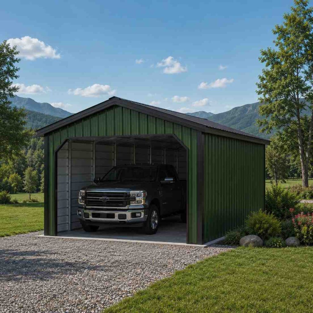 Green steel carport with enclosed sides sheltering a black pickup against mountain views