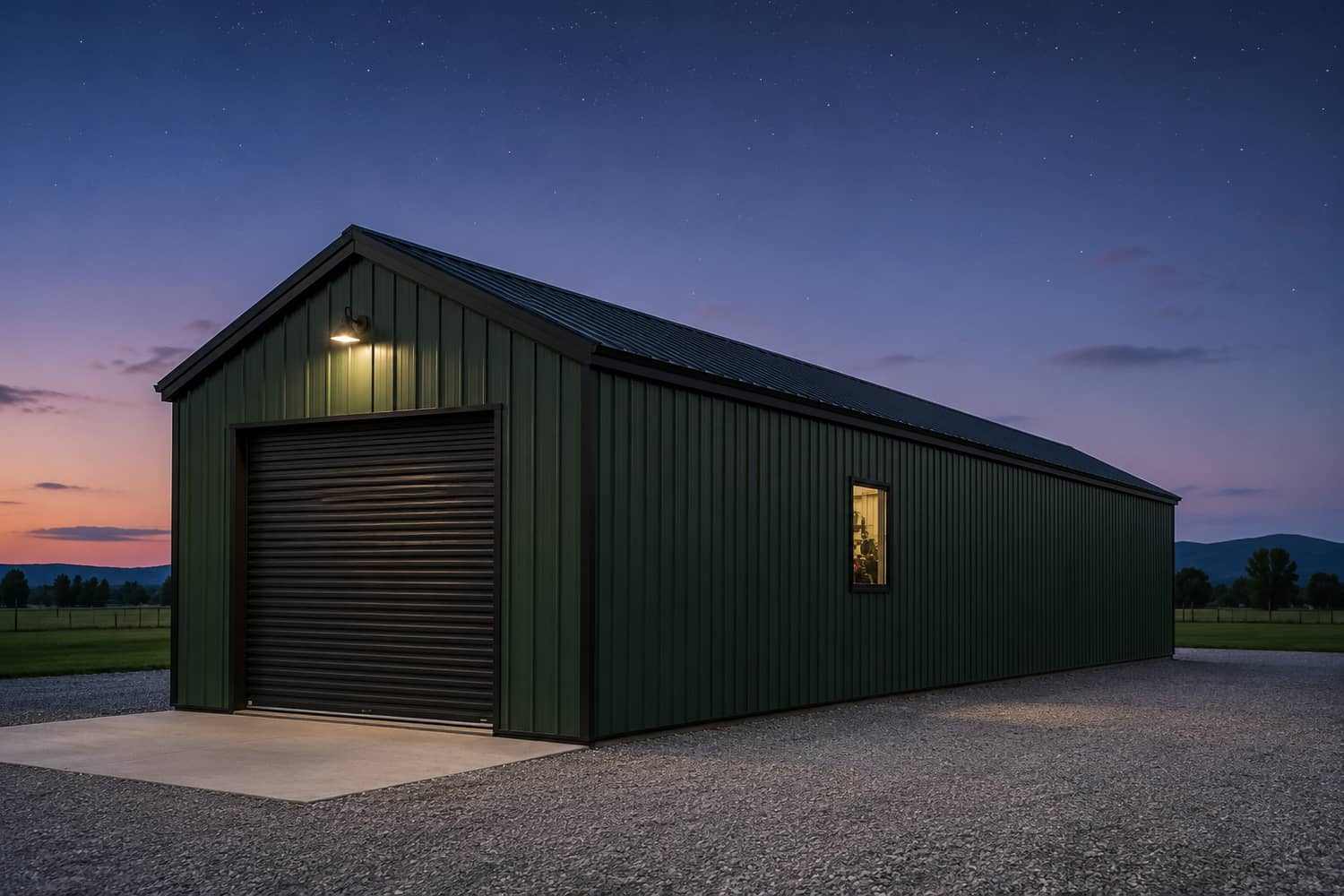 Dark green steel garage at twilight with closed roll-up door and a lit side window