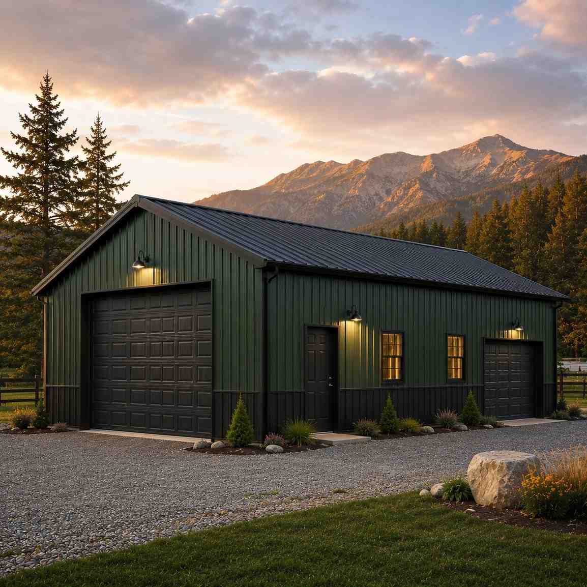 Navy commercial metal building office with glass storefront entry, stone wainscot, and parking lot