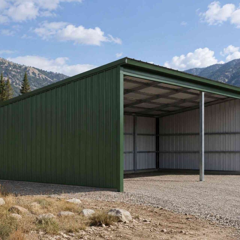 Green steel structure with open front bays used as a loafing shelter near mountain foothills