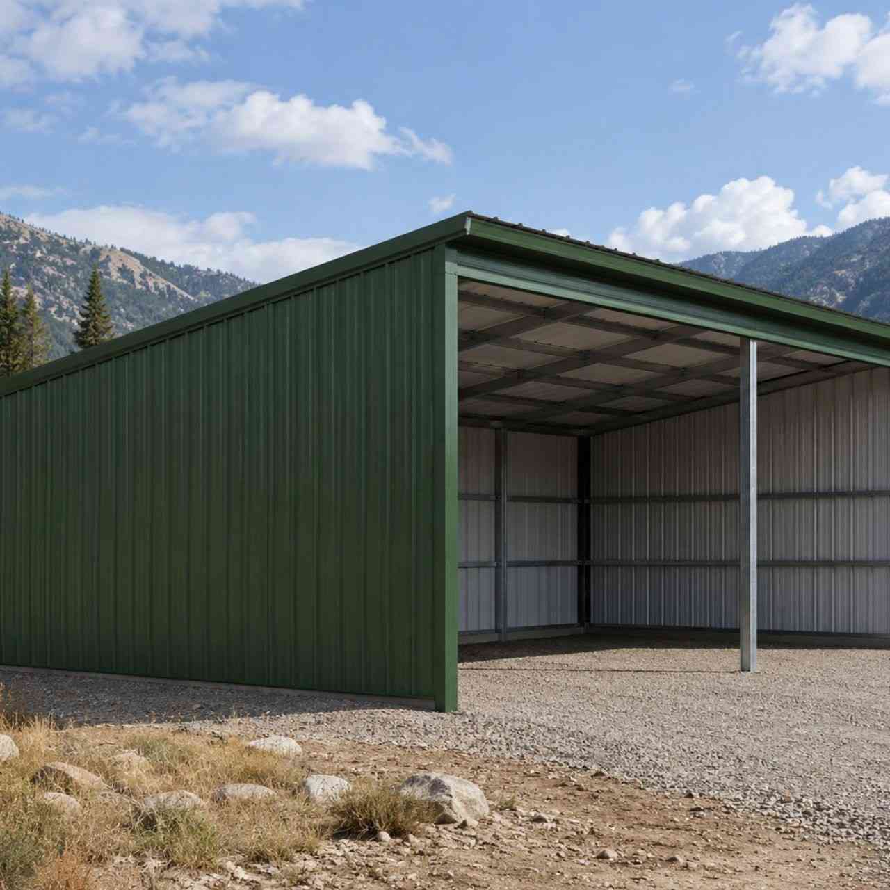 Green steel structure with open front bays used as a loafing shelter near mountain foothills
