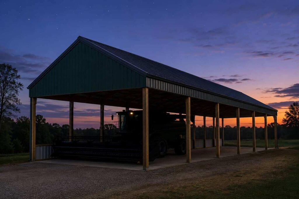Green open steel structure sheltering a combine harvester at dusk under a colorful sky