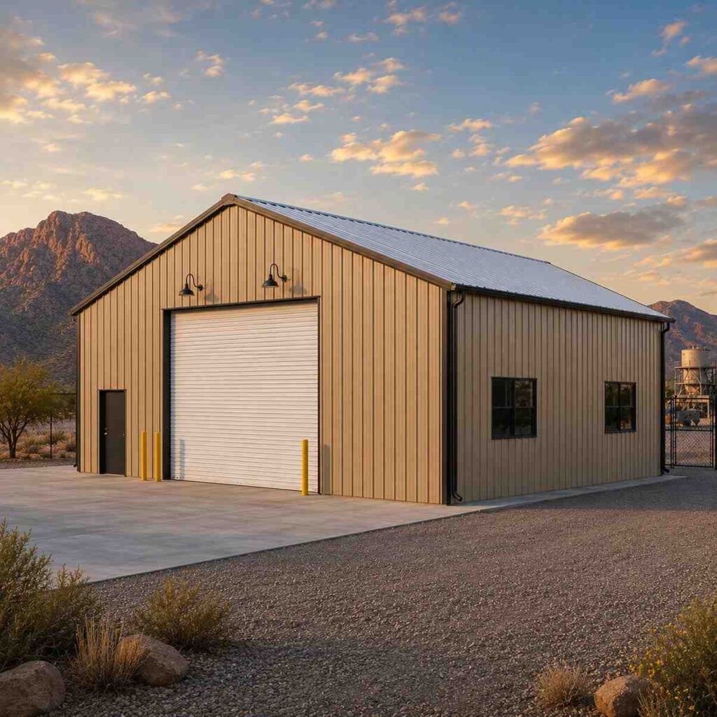 Khaki prefab metal building with white roll-up door and bollards in a desert industrial yard