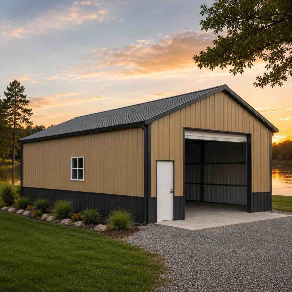 Khaki steel building with open roll-up bay and black wainscot on a lakefront at sunset