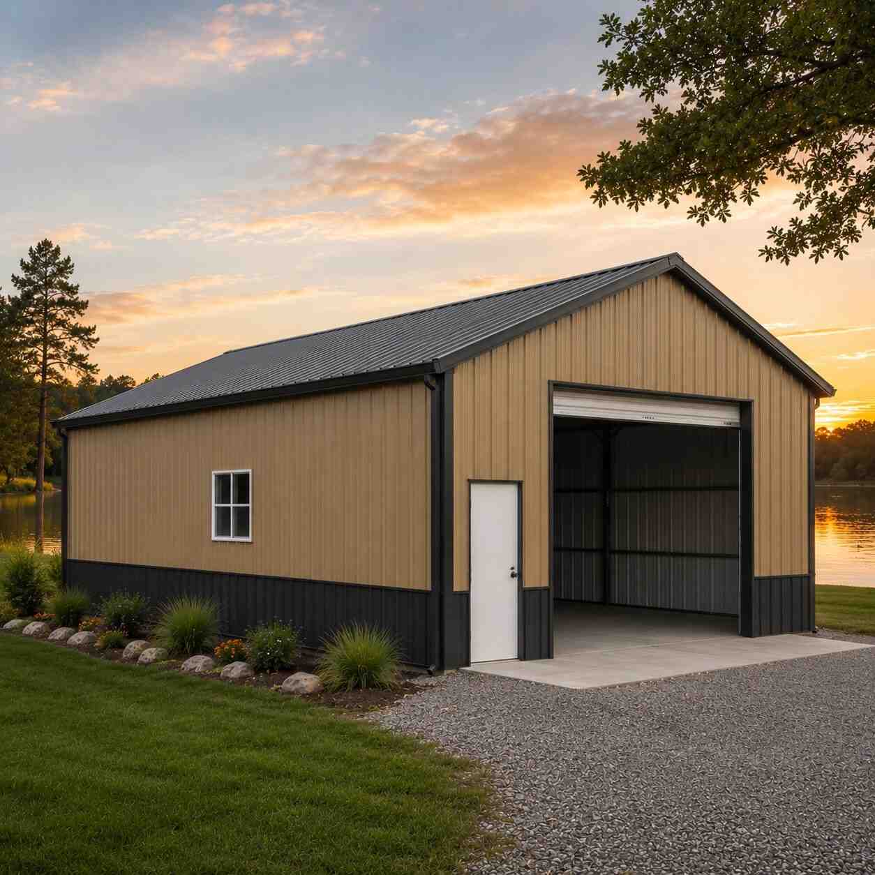 Khaki steel building with open roll-up bay and black wainscot on a lakefront at sunset
