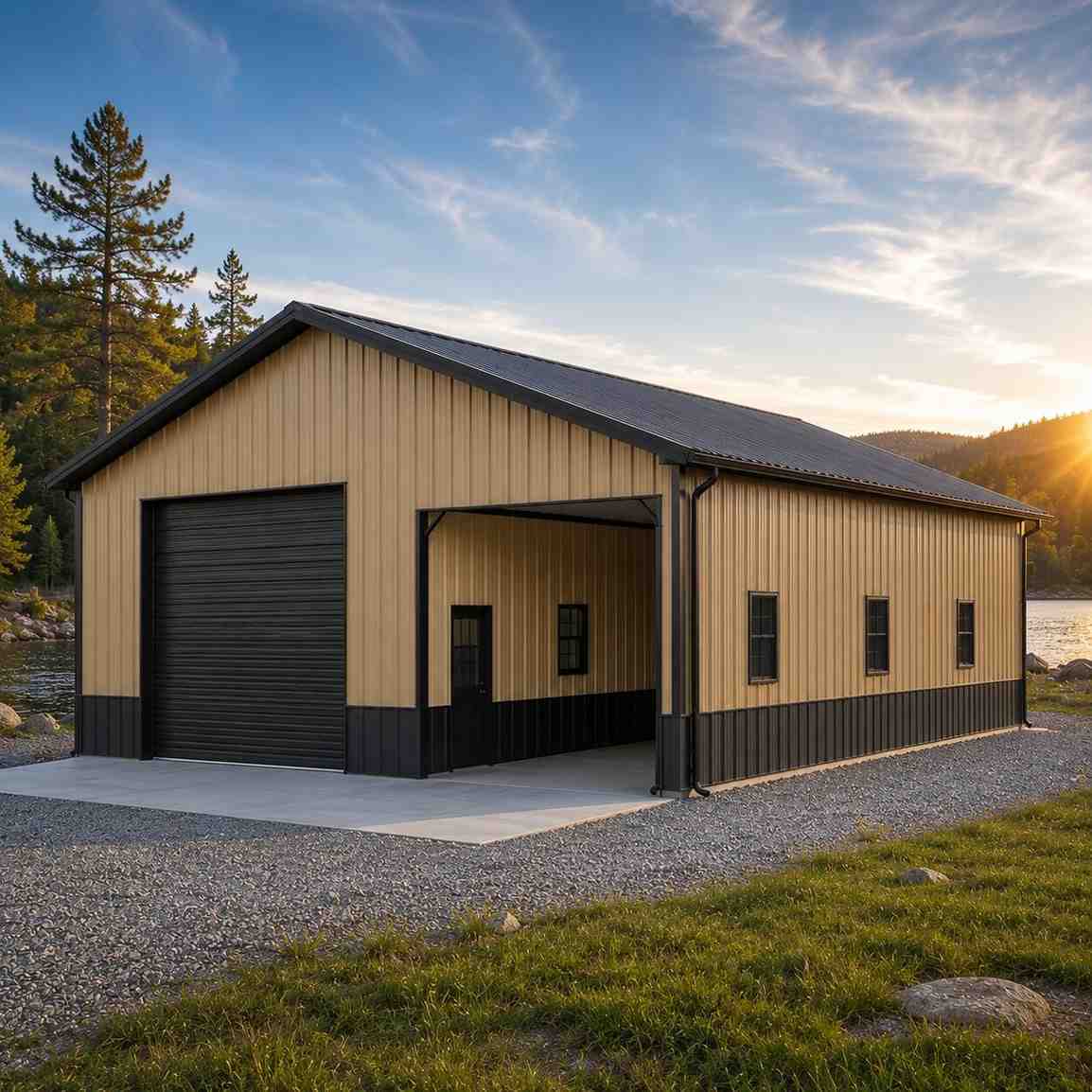 Khaki steel structure with black roll-up door and drive-through bay at lakeside sunrise
