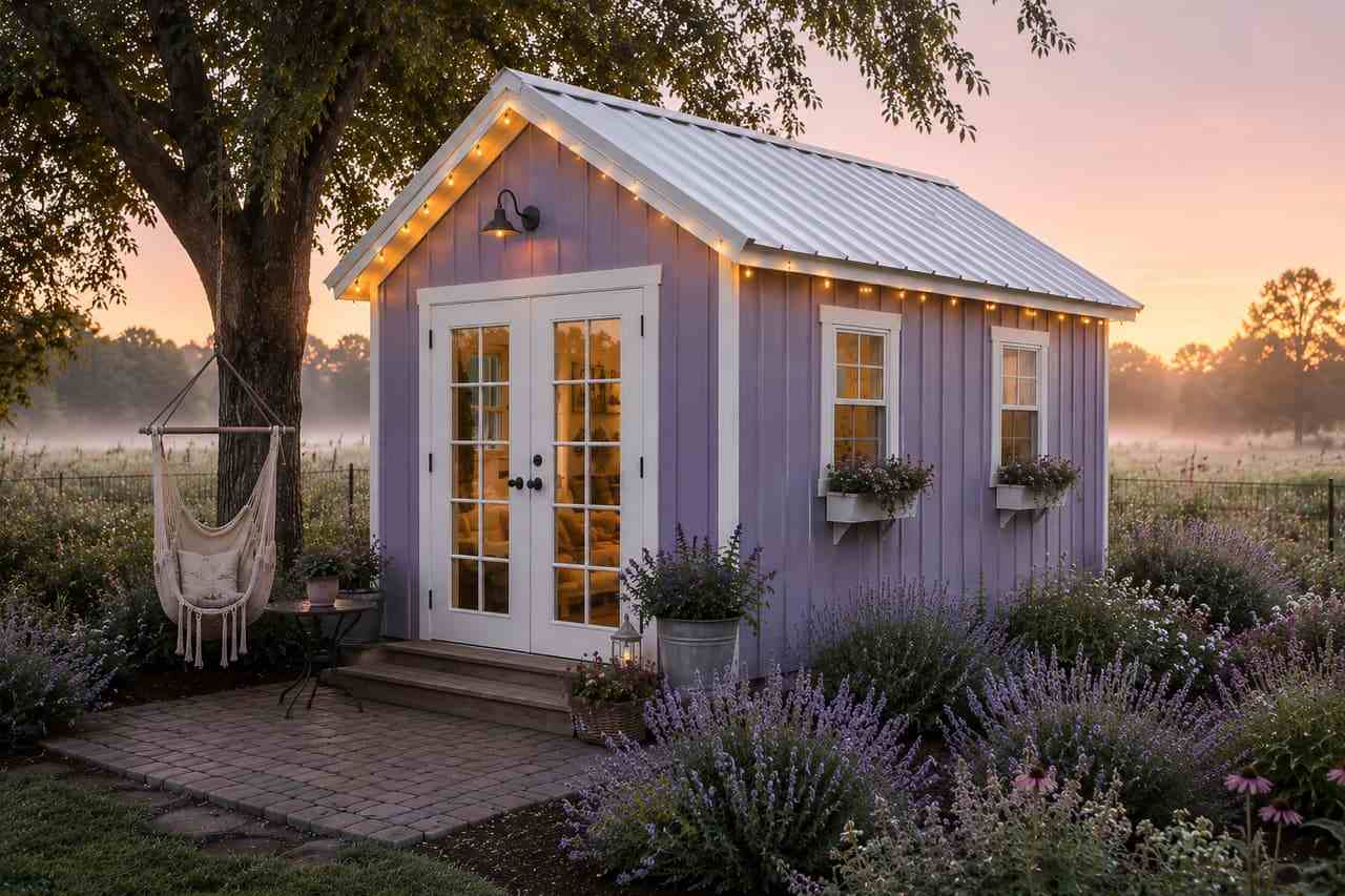 Lavender metal building garden shed with french doors, window boxes, and string lights at dawn