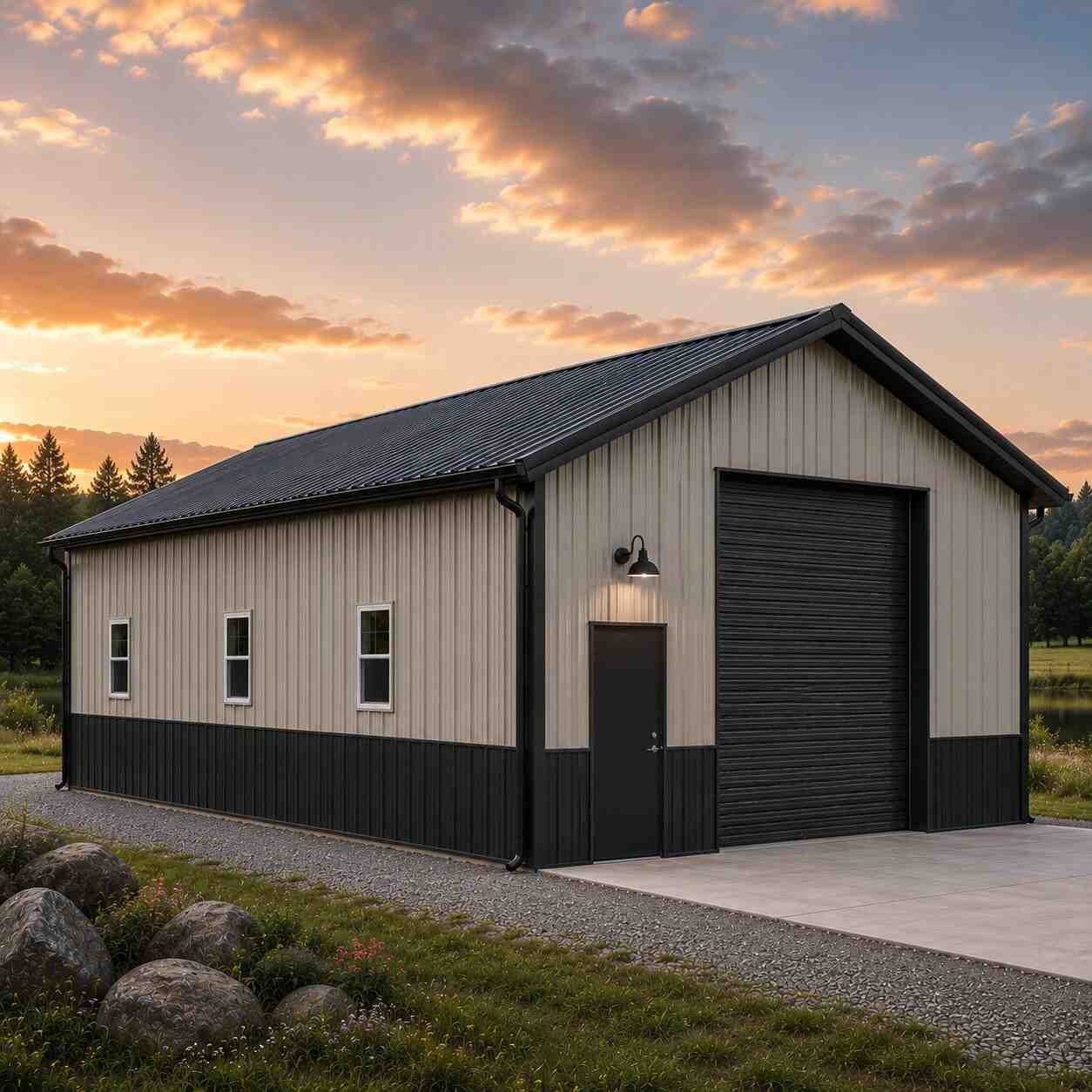 Light gray steel garage with tall black roll-up door in a meadow under a sunset sky