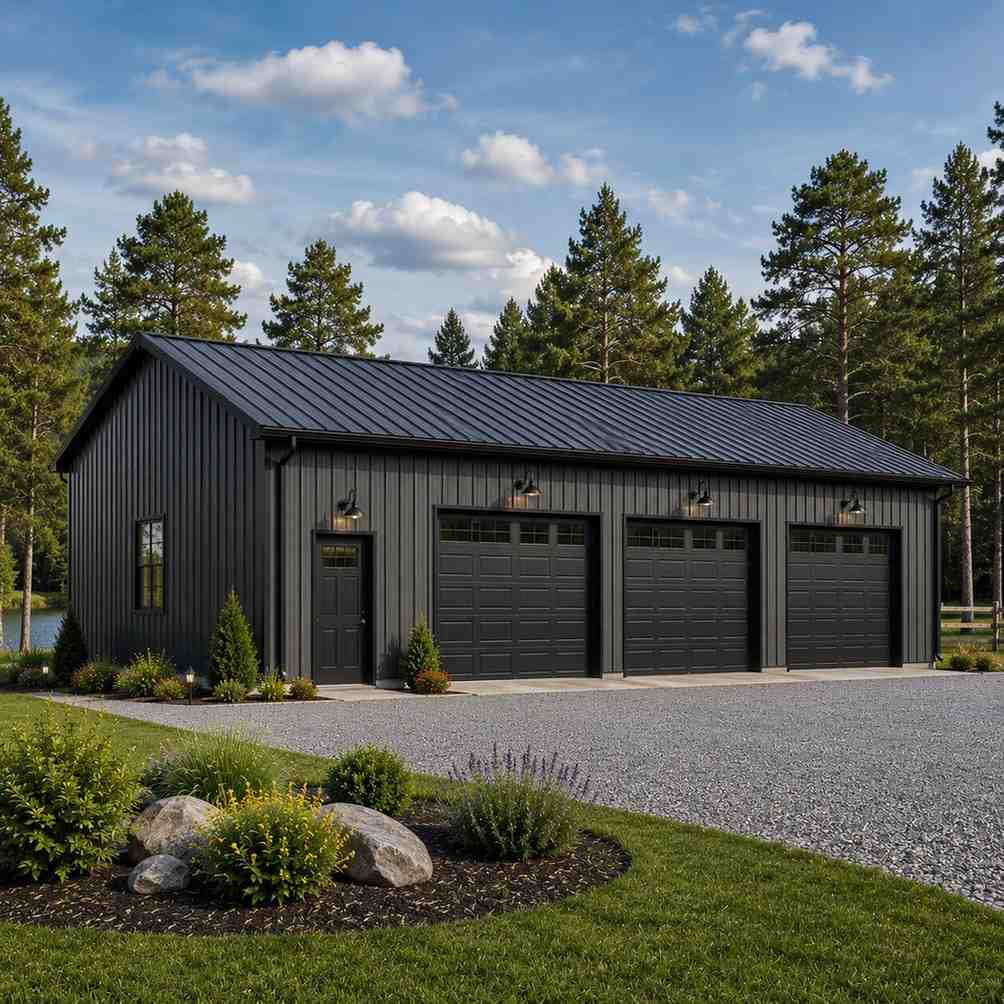 White commercial metal building with shuttered windows and roll-up door among autumn trees