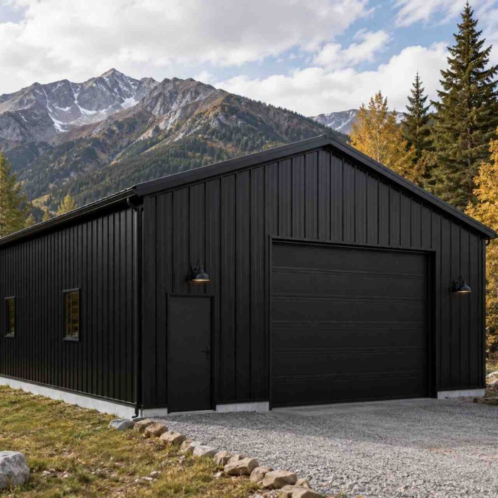 Matte black metal workshop with single roll-up door against snow-capped autumn mountains
