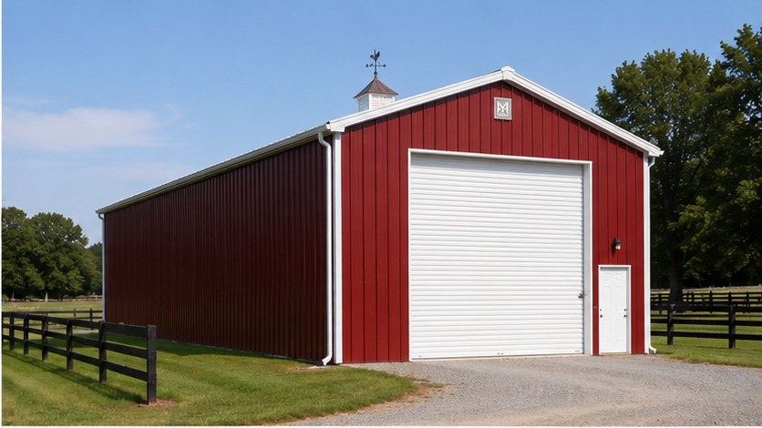 Barn red metal barn with white roll-up door, cupola and black pasture fencing in front