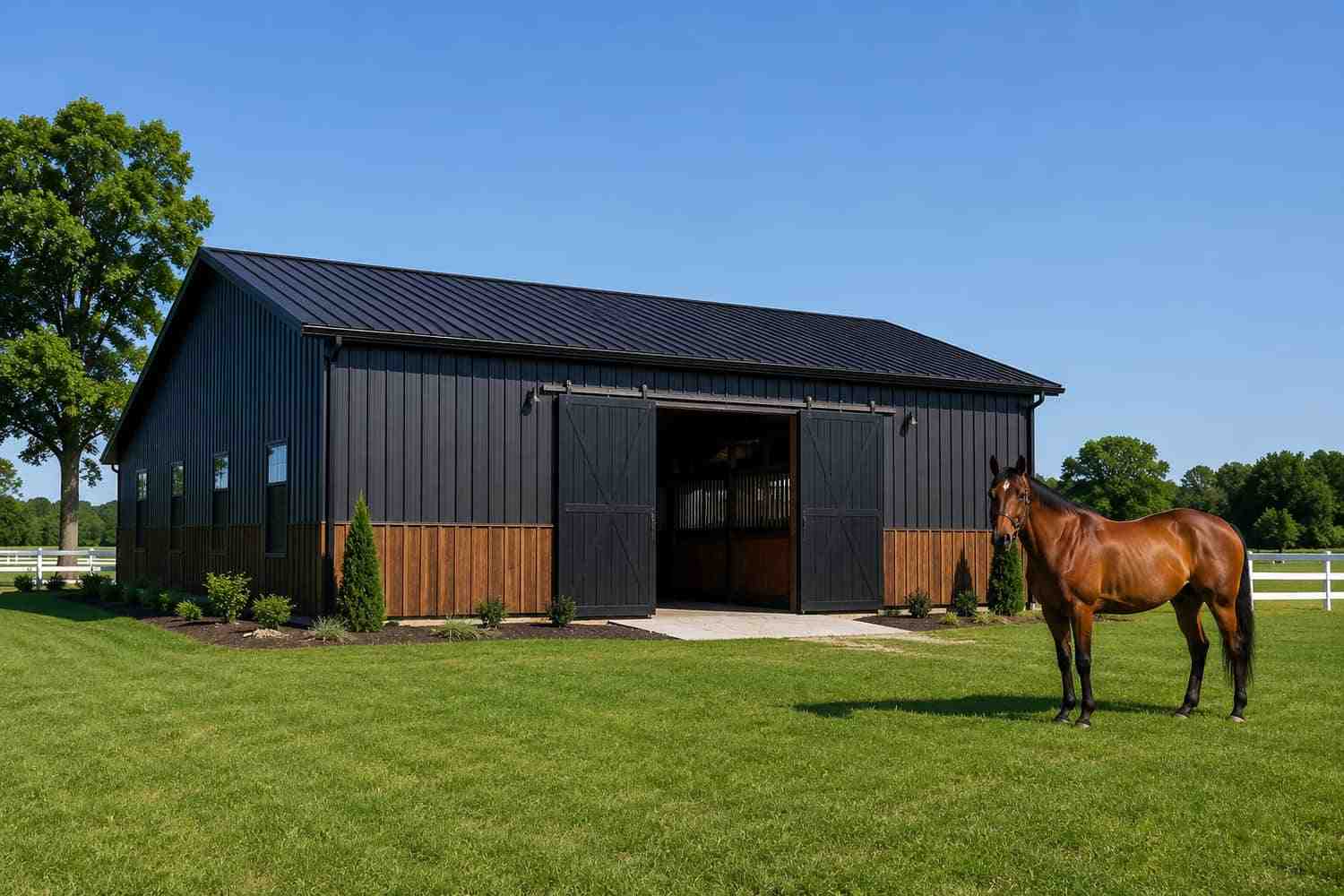 Black metal barn with cedar wainscoting, open sliding doors, and bay horse outside