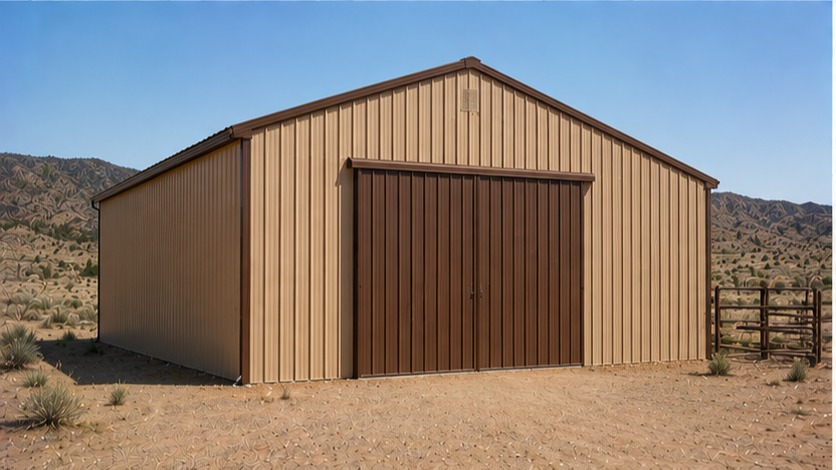 Desert tan metal barn with brown sliding door and livestock corral on arid ranchland