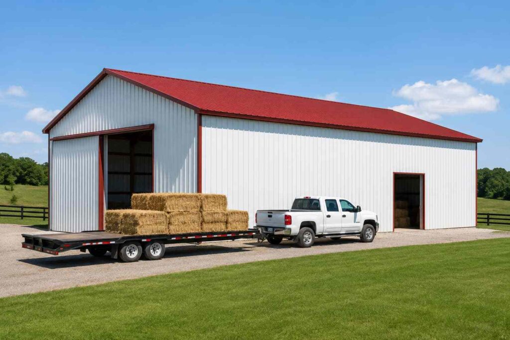 White metal barn with red roof, pickup truck, and flatbed trailer hauling hay bales