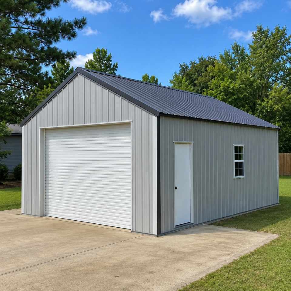 20x24 metal residential cabin — compact steel guest cottage with porch