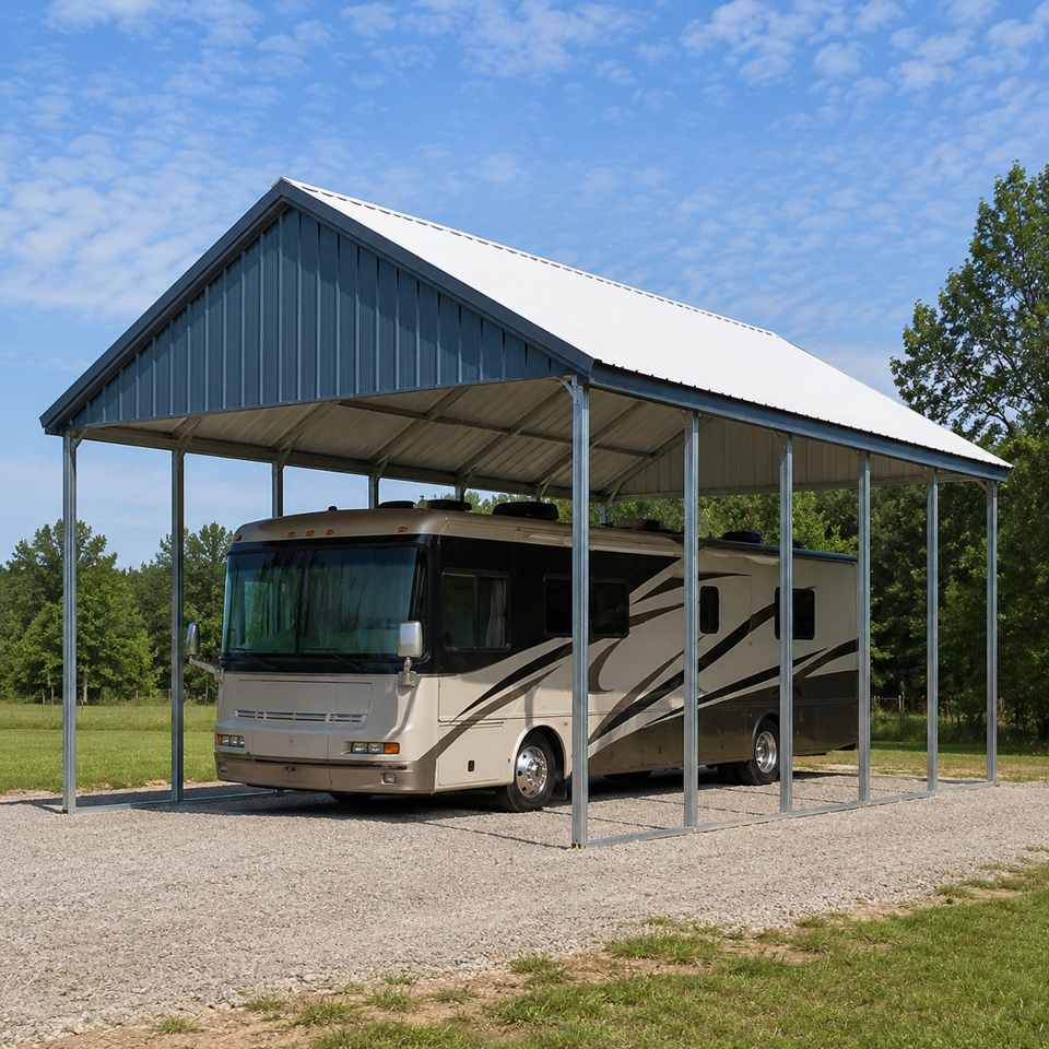 20x24 metal RV / boat cover — tall single-bay RV or boat cover