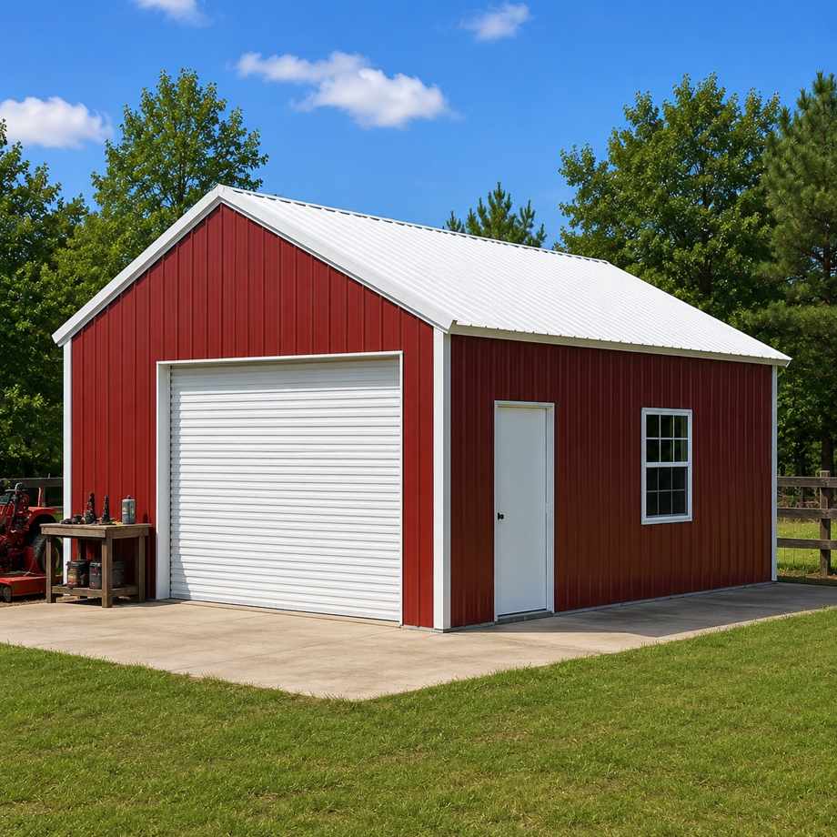 20x24 metal workshop — small steel workshop shed with roll-up door