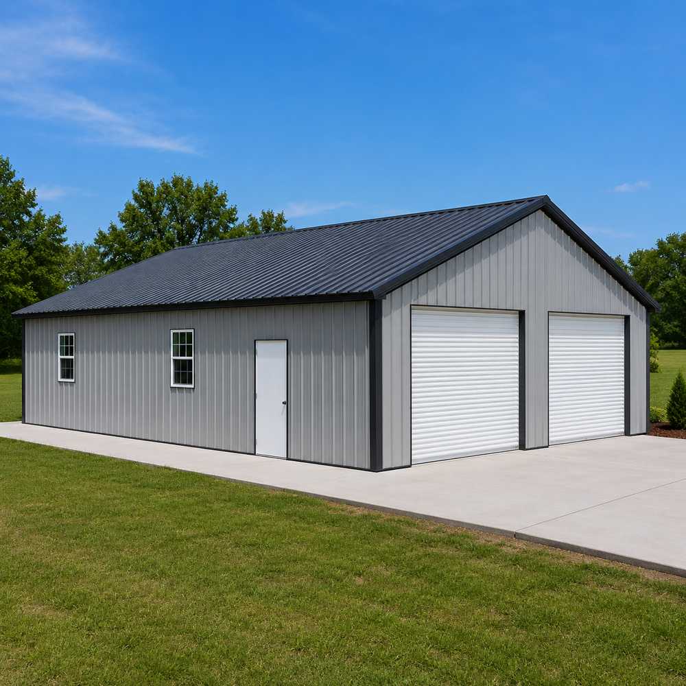 40x20 metal garage — enclosed 2-car steel garage with roll-up doors