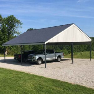 40x30 metal carport — vertical-roof steel carport for two vehicles