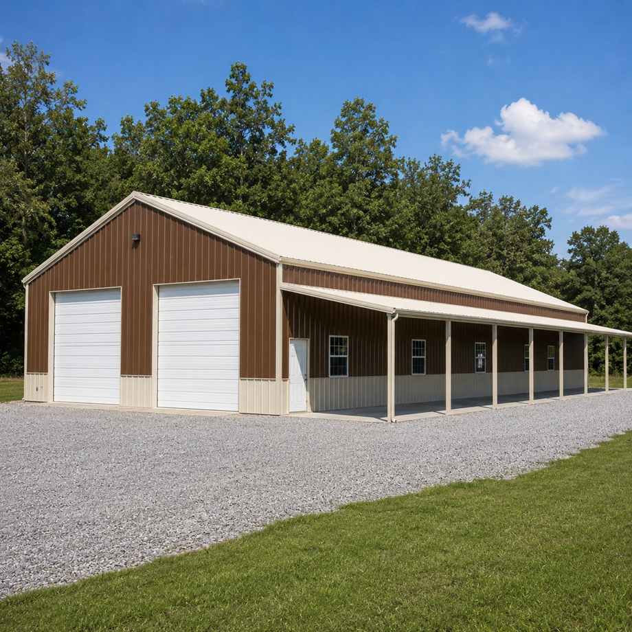 50x70 metal building with long lean-to — steel building with full lean-to